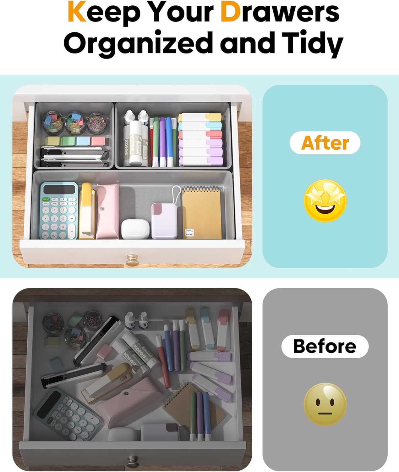 10 Pack Large Size Plastic Drawer Organizers Set, 3 Sizes Desk Drawer Organizer Trays, Storage Bins for Vanity, Makeup, Bathroom, Kitchen Utensils and Office (Black)