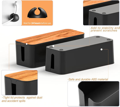 Cable Management Box 2 Pack with 16 Cable Clips Set-Large & Medium & Small Wooden Style Cable Organizer Box to Hide Wires&Power Strips | Cord Organizer Box | Cable Organizer for Home & Office [Black]