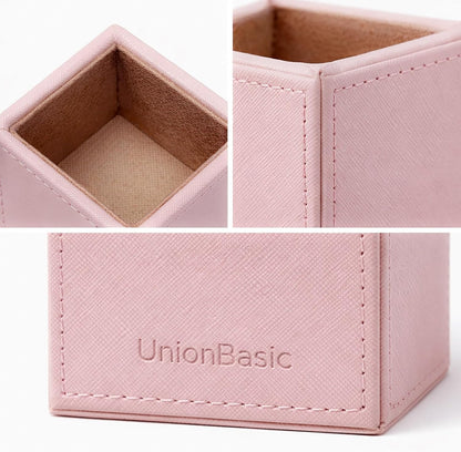 UnionBasic Square Pen Holder, Leather Pencil Cup, Desktop Caddy Stationery Organizer, Beige