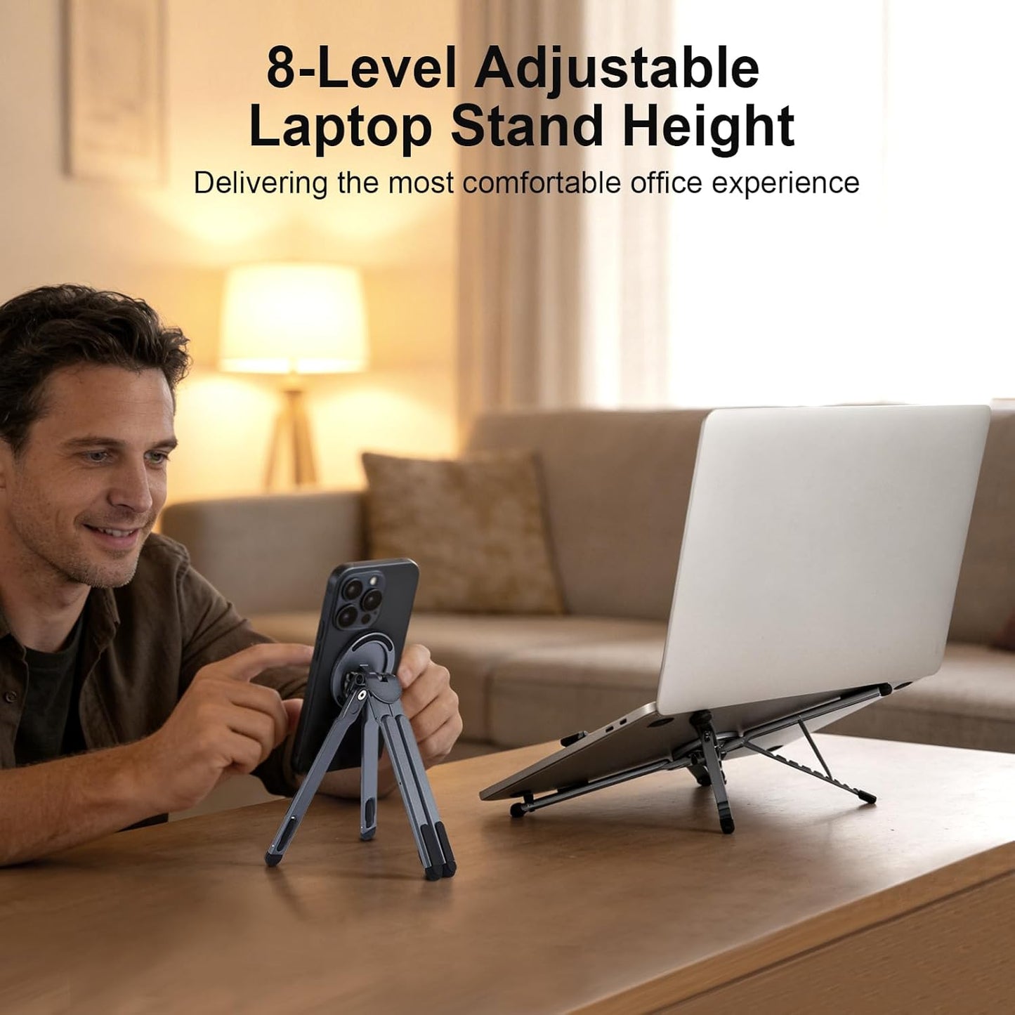 3-in-1 Foldable Magnetic Phone Tripod Stand, Portable Aluminum Alloy Adjustable Holder for Tablet, Laptop MacBook Pro/Air 10–16", Magnet Phone Mount Compatible with MagSafe iPhone Android