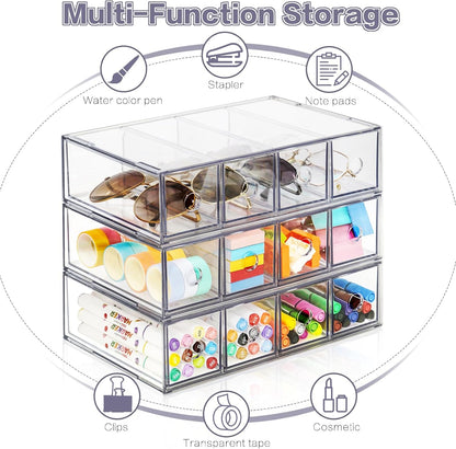 Desk Organizer with 4 Drawers, FODIENS Stackable Desktop Storage Box with Removable Drawer, Clear Sunglasses Organizer Display Case for Stationery Marker Pens Eyeglasses Office Supply