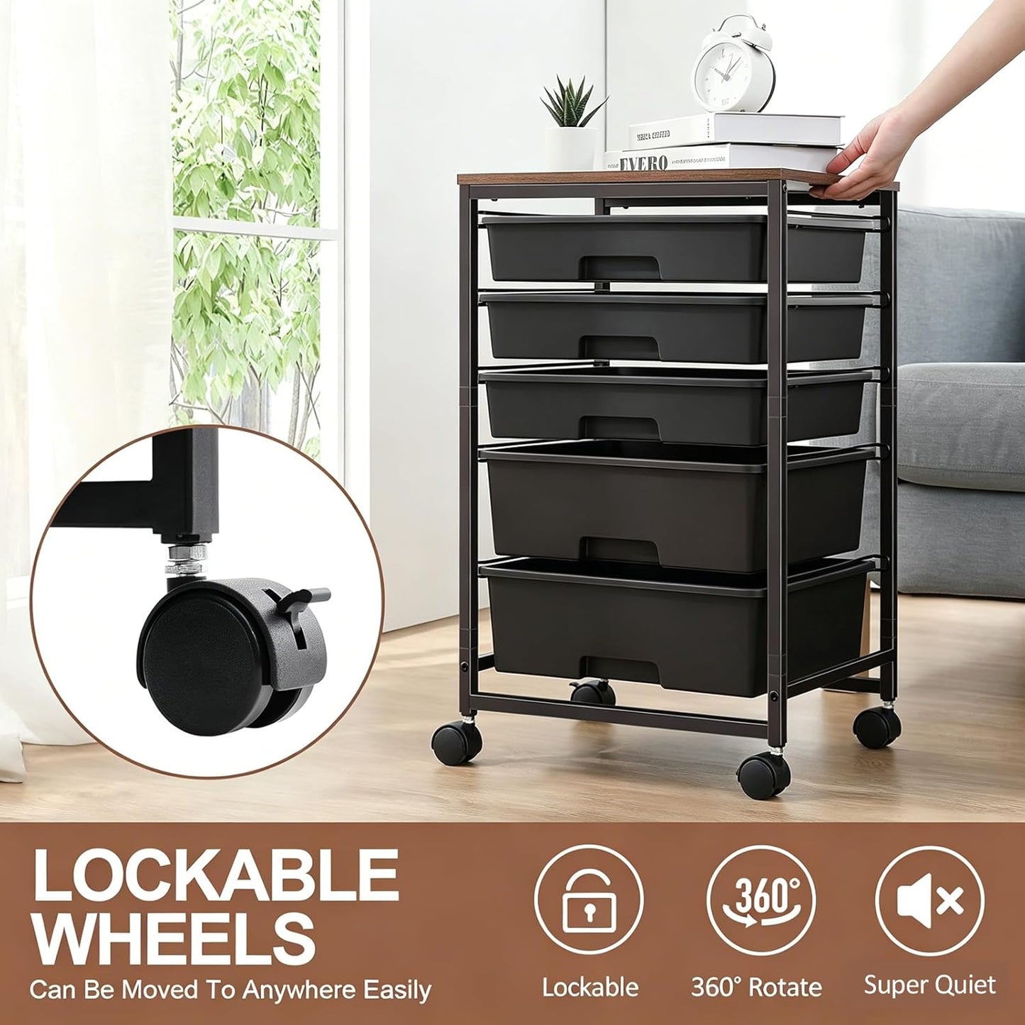 SYKIARIOL Utility Cart with 5 Drawers,Storage Cart with Wooden Tabletop and Lockable Wheels,Craft Storage Trolley Organizer,5-Tier Rolling Utility on Wheels,Light Green