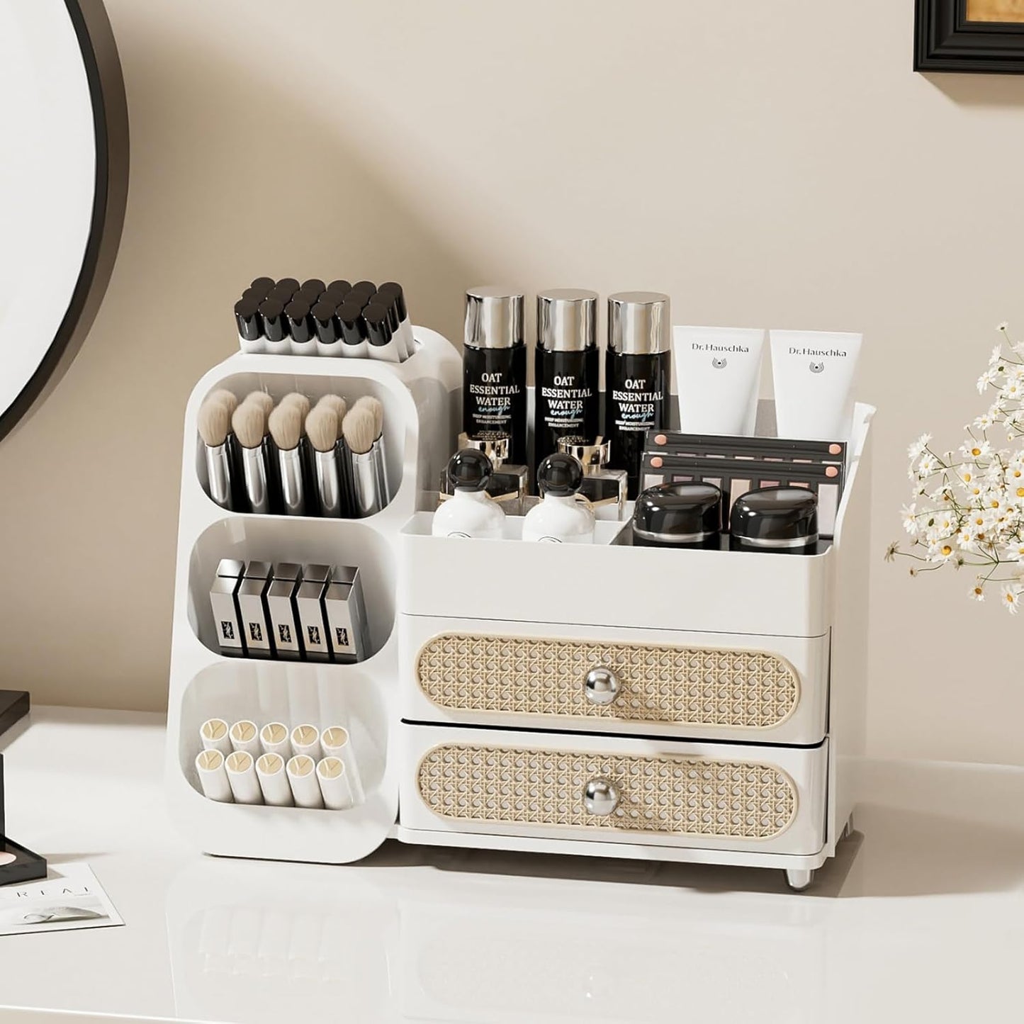 Booklov Makeup Organizer for Vanity, Countertop Cosmetic Display Case with Clear Acrylic Drawers, Bathroom Counter Beauty Caddy, Cute Table Storage Holder for Skincare, Brush Lipsticks, Crystal White