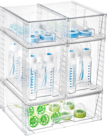 Vtopmart 4 Pack Clear Stackable Storage Drawers,Under Sink and Kitchen Organizers Storage,Easy to Assemble Plastic Drawers for Baby Bottle,Medicine, Bathroom,Cabinet and Pantry Organization