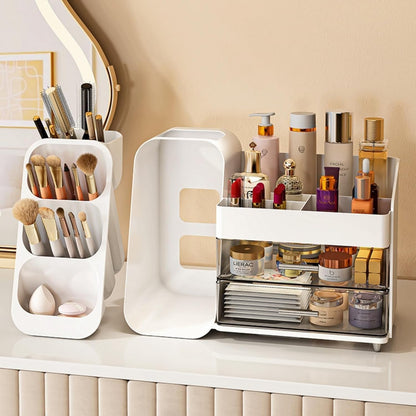 Booklov Makeup Organizer for Vanity, Countertop Cosmetic Display Case with Clear Acrylic Drawers, Bathroom Counter Beauty Caddy, Cute Table Storage Holder for Skincare, Brush Lipsticks, Crystal White