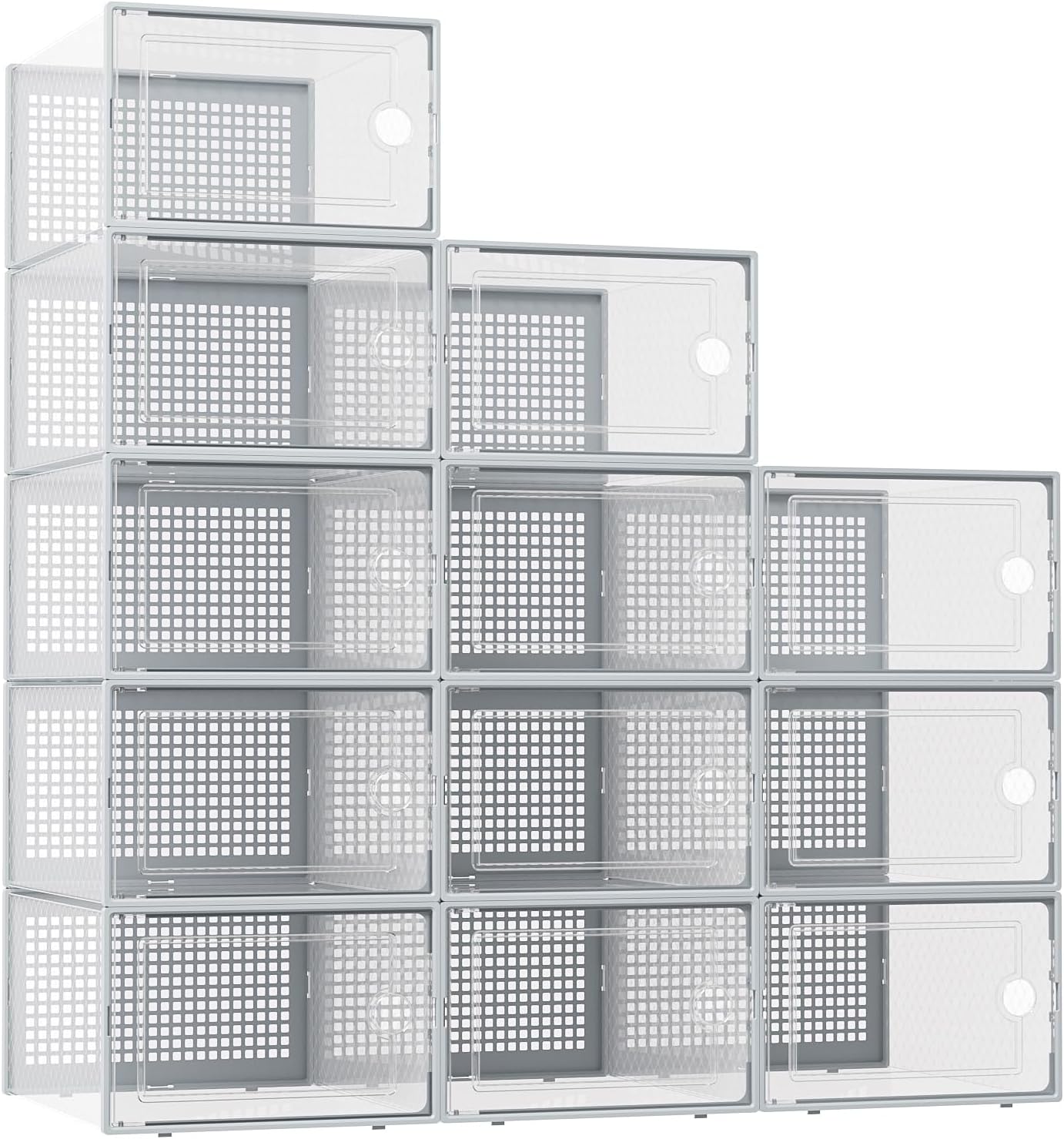Kuject X-Large Shoe Storage Boxes Organizers Clear Plastic Stackable 12 Pack, Shoe Rack & Holder Substitute, Sneaker Containers, Toy Storage Organizer Bins for Entryway, Closet, Under Bed, Black