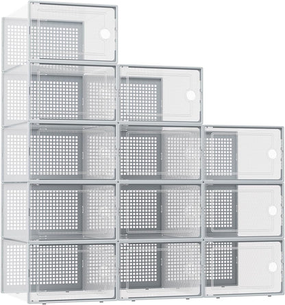 Kuject X-Large Shoe Storage Boxes Organizers Clear Plastic Stackable 12 Pack, Shoe Rack & Holder Substitute, Sneaker Containers, Toy Storage Organizer Bins for Entryway, Closet, Under Bed, Black