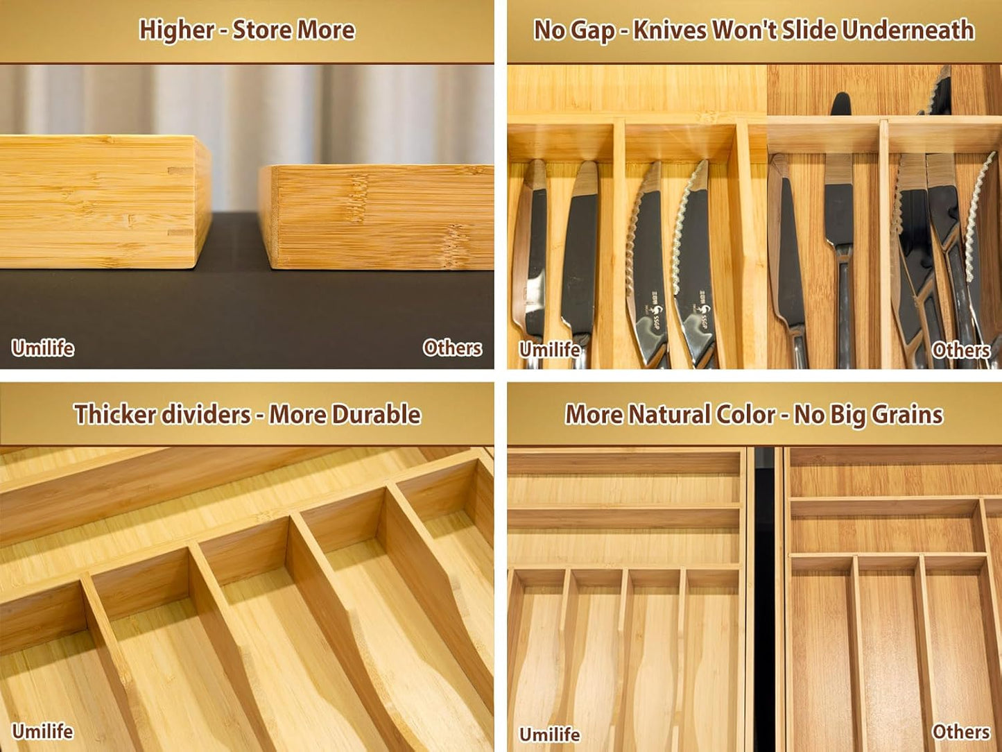 Umilife Expandable Kitchen Drawer Organizer, 2.5" High Bamboo Utensils Silverware Tray, Adjustable Large Deep Wood Organization Holder