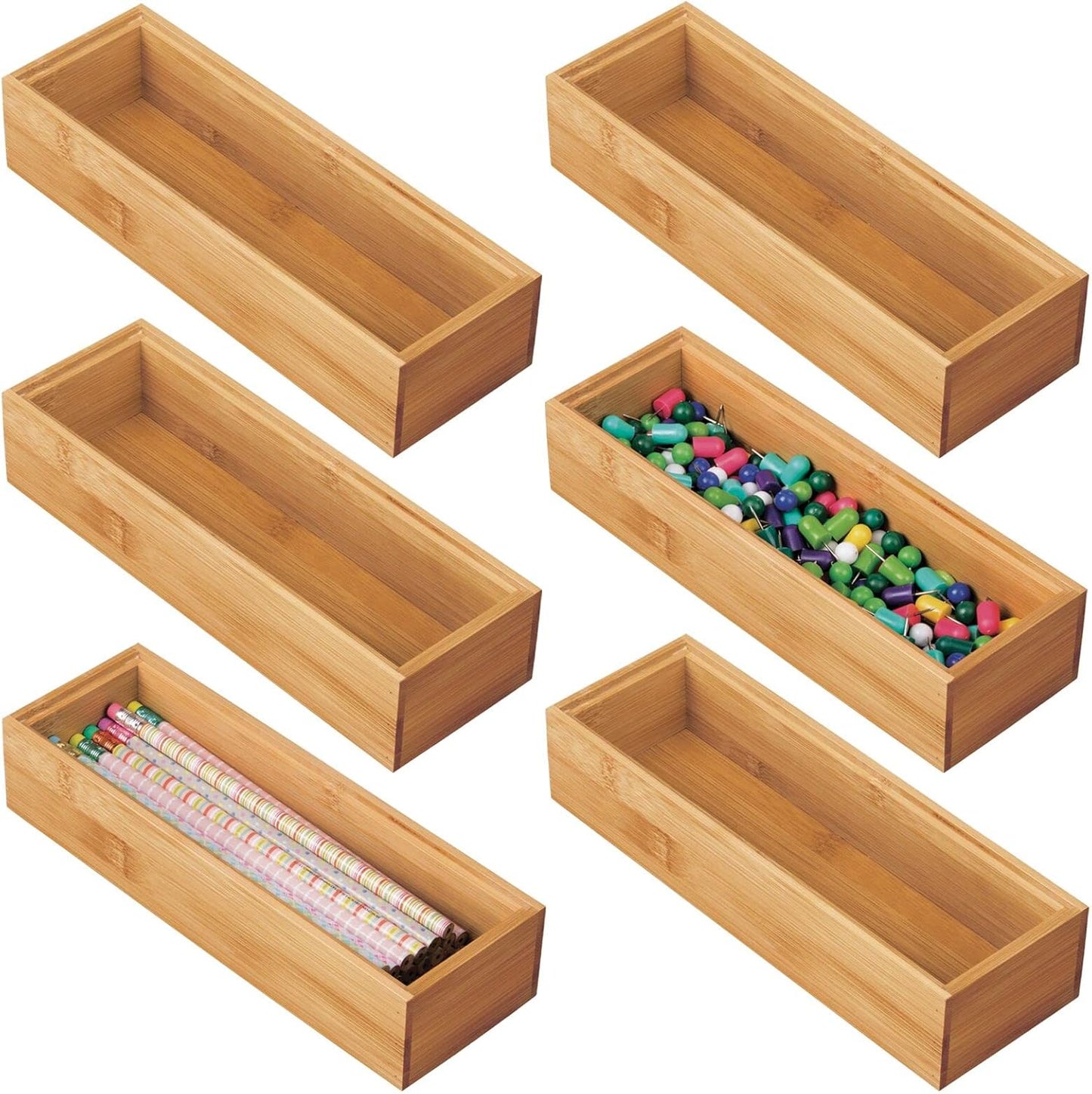 mDesign Slim Wooden Bamboo Drawer Organizer for Office - 12" Long Stackable Storage Box Tray for Desk Drawers/Cabinet - Junk Drawer and Accessories Organization - Echo Collection, 2 Pack, Natural Wood