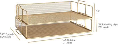 BLU MONACO | Paper Tray Stackable Gold Mesh Set of 2 | Stackable File Trays for Desk Organization | Tiered Desk Organizer with Metal Letter Trays