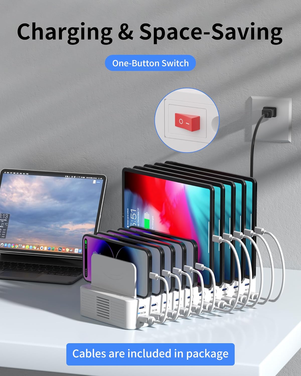 270W Charging Station for Multiple Devices, 20-Port USB Fast Charging Station with Adjustable Dividers & 10 Cables, Multi Device Organizer Charging Dock for iPhone, iPad, Tablets & More(Black)