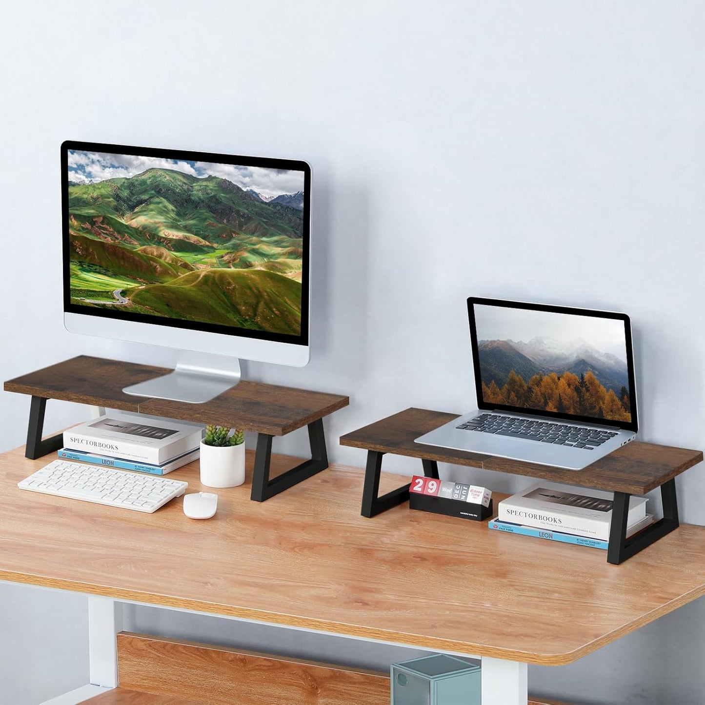 TEAMIX 24 inch Monitor Stand Riser, Black Wood & Steel Computer Monitor Stand with Storage, Laptop, PC, Printer Stand Riser for Desktop Office Desk Organizers