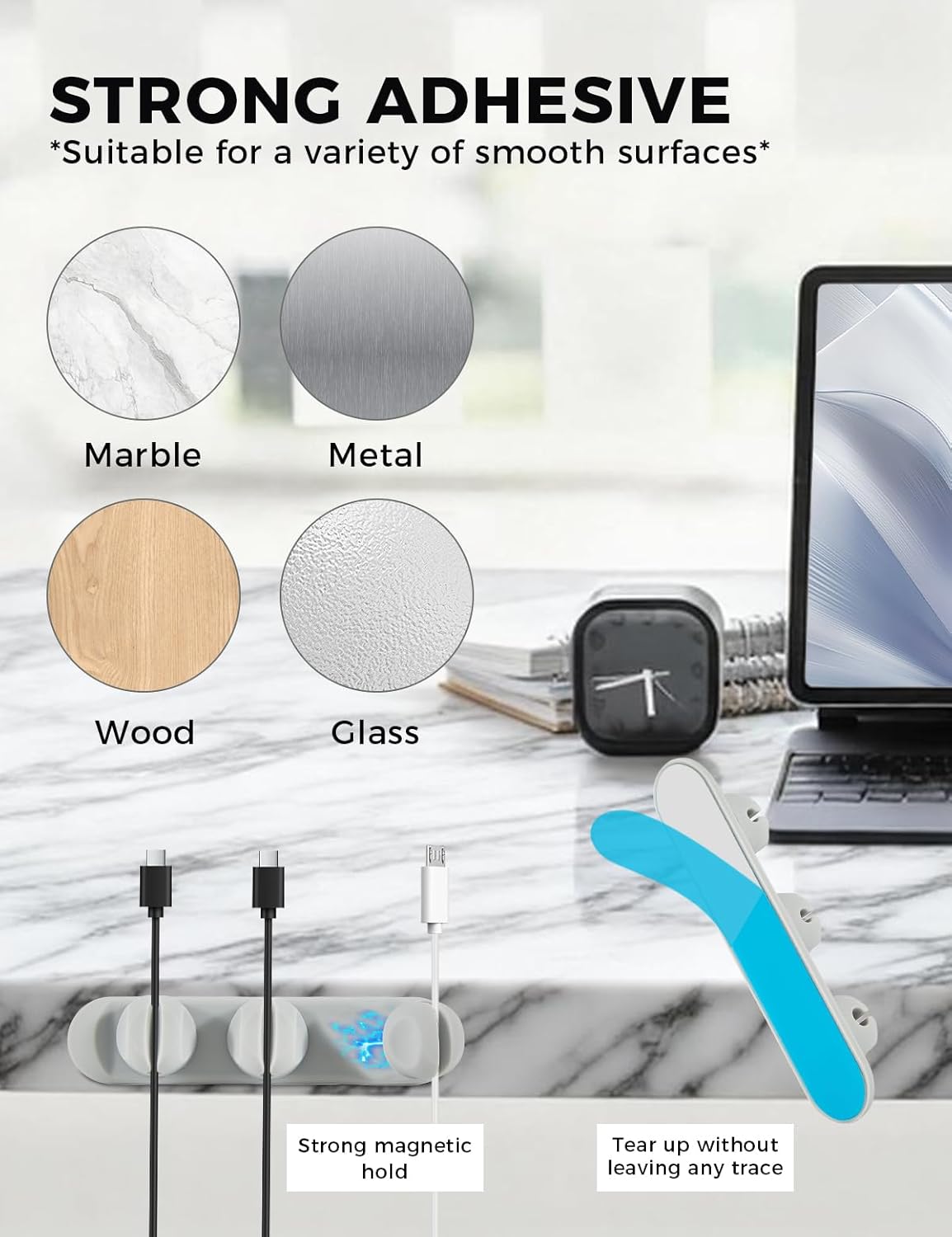Magnetic Silicone Cable Clips with No-Residue Strong Adhesive – Desk, Under-Desk, Nightstand, Wall, Car, Office & Home Cord Organizer for Cable Management - Black