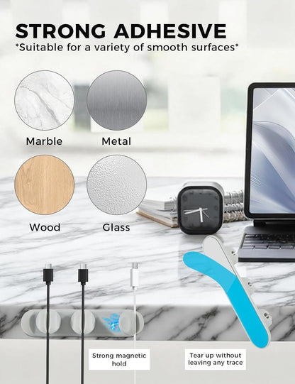 Magnetic Silicone Cable Clips with No-Residue Strong Adhesive – Desk, Under-Desk, Nightstand, Wall, Car, Office & Home Cord Organizer for Cable Management - Black