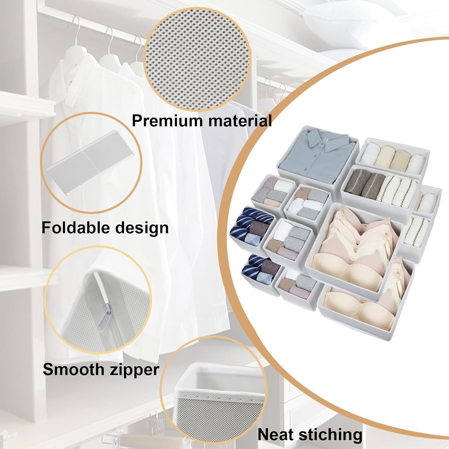 Fordonral 12 Pack Drawer Organizer Clothes, Foldable Fabric Dresser Organizer Closet Organizers and Storage Box for Underwear,Folded Clothes,Baby Clothing,Socks,Bra,Towels,Ties(12 Pack,Gray)
