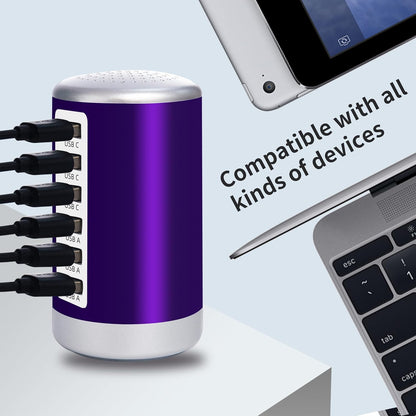 Universal USB Charger 6-Port Desktop USB Charging Station Hub with Smart Identification Technology Compatible with iPhone iPad Cell Phone Tablets(Purple)