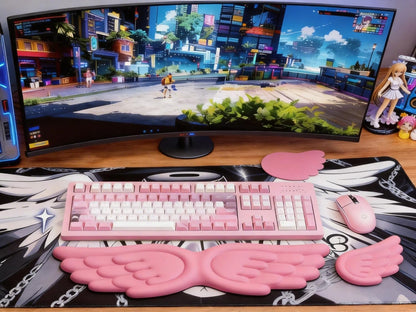 Angel Wing Wrist Rest Ergonomic Memory Foam Wrist Rest for Computer Keyboard Mouse Set with Cup Mat, Cute Gaming Keyboard Cushion Hand Support PU Leather Surface Anti-Slip Waterproof（White）