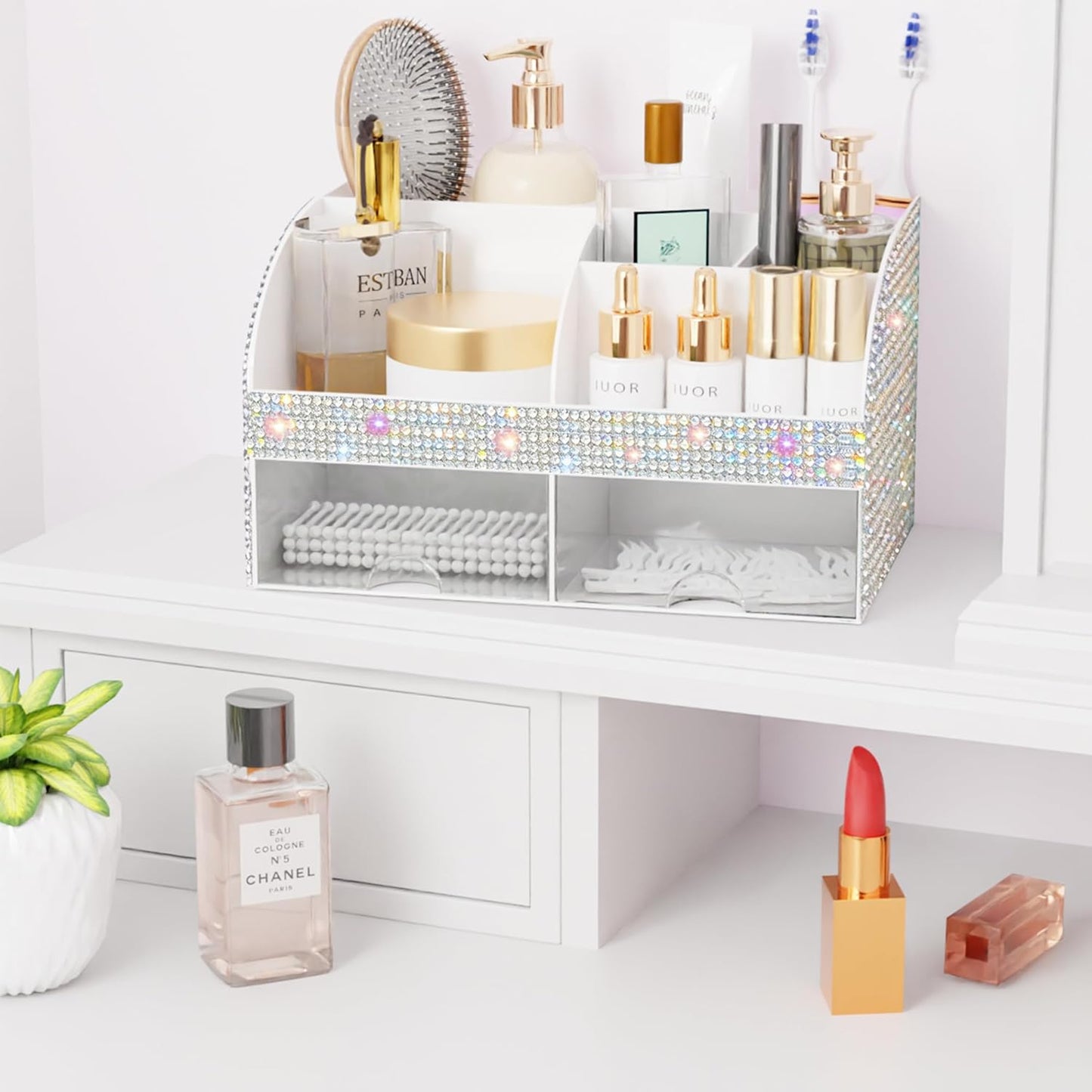 Makeup Organizer with Drawers, Cosmetic Storage for Dresser Vanity and Bathroom Countertop, Beauty Holder for Lipstick Brush, Skincare Organizer for Vanity, Cosmetic Display Case (White)