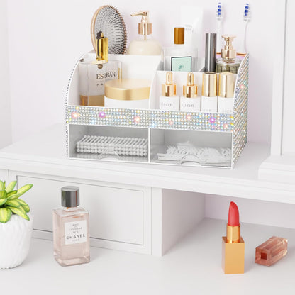 Makeup Organizer with Drawers, Cosmetic Storage for Dresser Vanity and Bathroom Countertop, Beauty Holder for Lipstick Brush, Skincare Organizer for Vanity, Cosmetic Display Case (White)