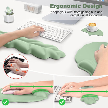 Keyboard Wrist Rest and Mouse Pad with Wrist Support Set, Ergonomic Leaf Shape Mouse Pad with Non-Slip Base, Pain Relief Memory Foam Mousepad for Computer,Laptop,Home Office, Green