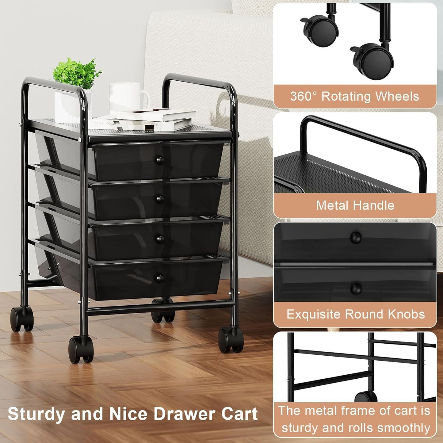 4-Tier Utility Cart with 4 Drawers, Rolling Utility Cart with 2 Lockable Caster Wheels, Multipurpose Mobile Rolling Drawer Cart for Office Bathroom Kitchen, Ivory White