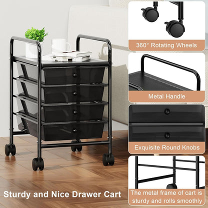 4-Tier Utility Cart with 4 Drawers, Rolling Utility Cart with 2 Lockable Caster Wheels, Multipurpose Mobile Rolling Drawer Cart for Office Bathroom Kitchen, Ivory White