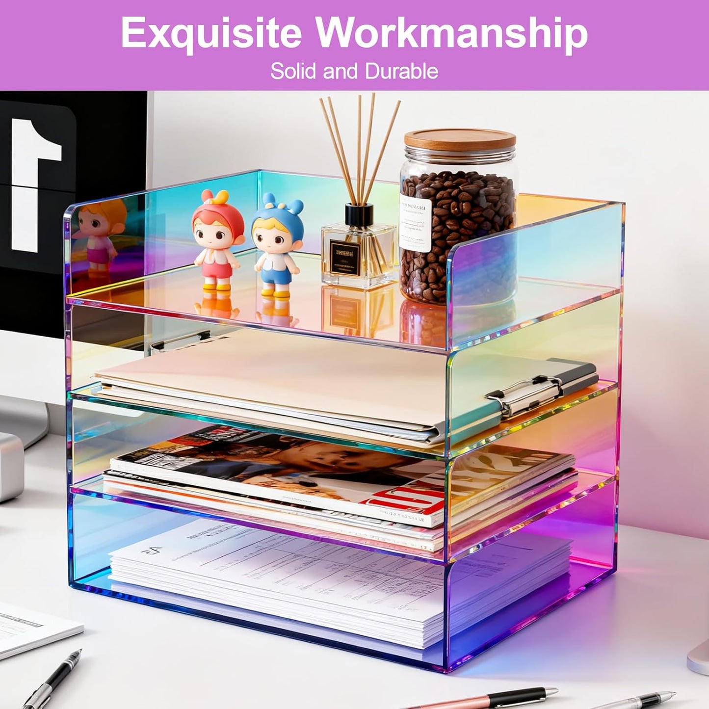 Gelite Acrylic File Organizer for Desk 4 Tiered Stackable Letter Tray Office Paper Storage Desktop Document Sorter, Neon Pink