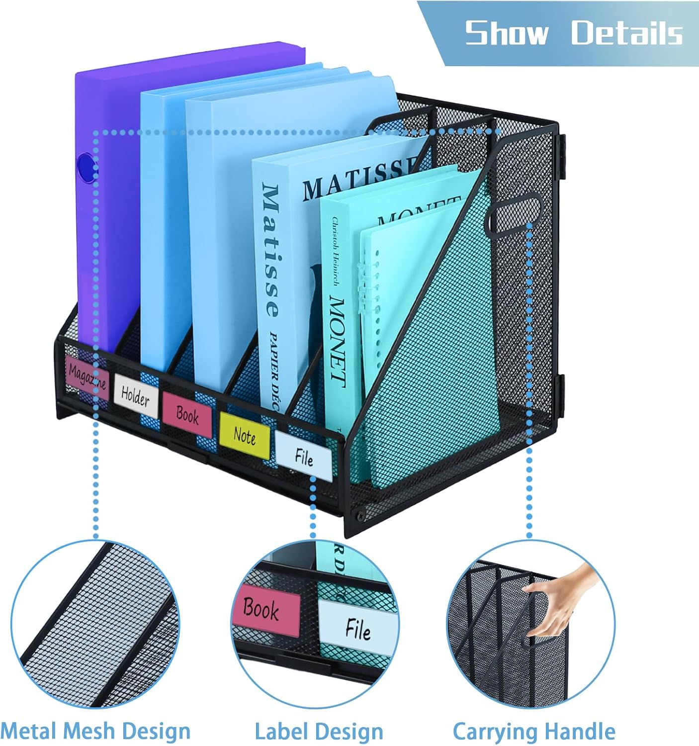 Desk Organizers Metal Magazine File Holder Racks Desktop Folder Storage Binder Organiser Document Organization for Home Office & Classroom,5 Vertical Compartments