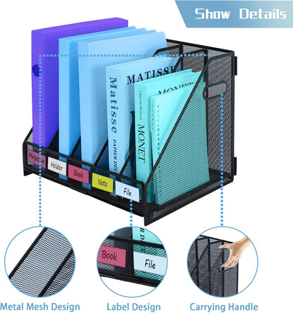 Desk Organizers Metal Magazine File Holder Racks Desktop Folder Storage Binder Organiser Document Organization for Home Office & Classroom,5 Vertical Compartments