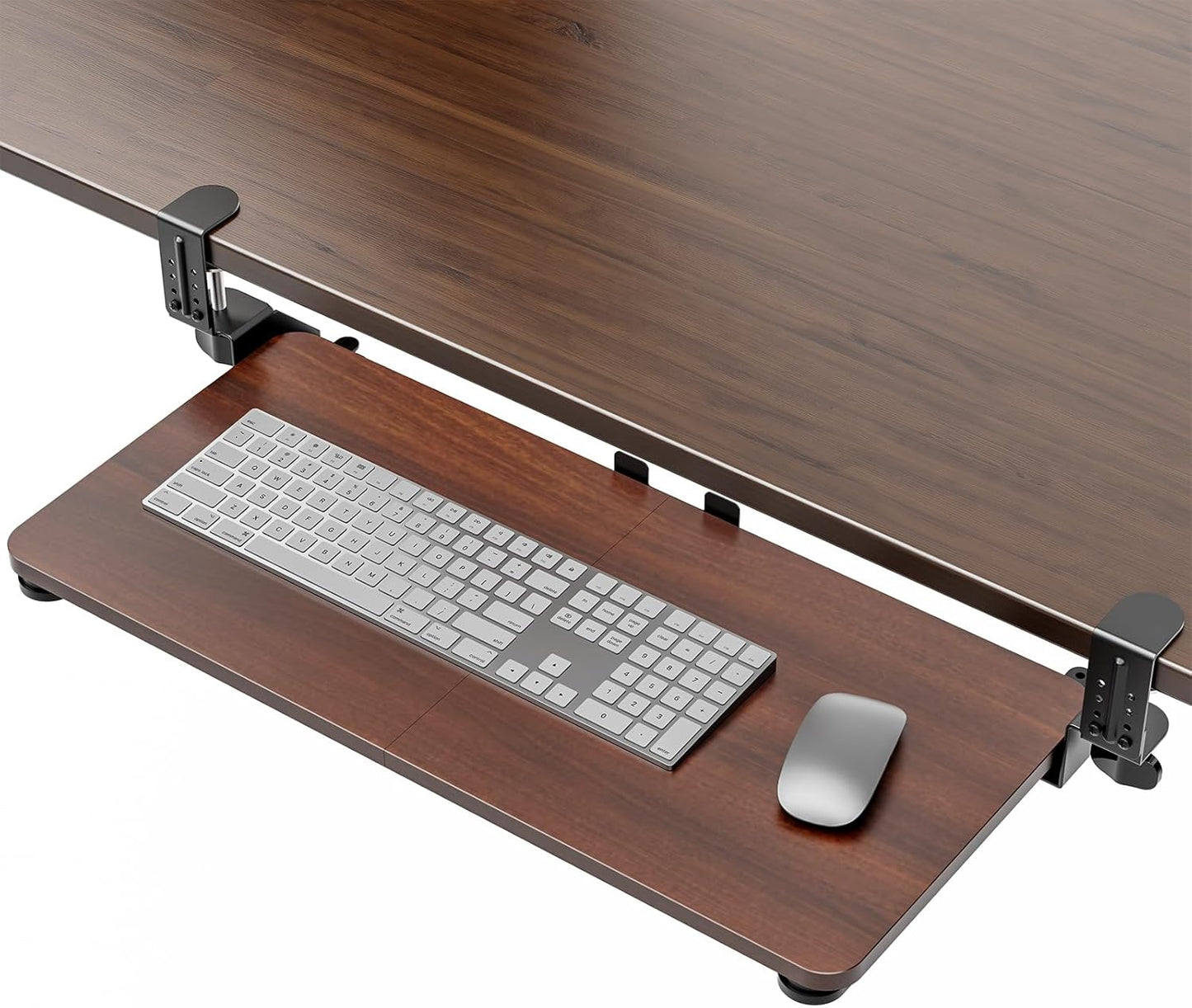 Large Keyboard Tray Under Desk, Pull Out Keyboard & Mouse Tray with Adjustable C-clamp, 25.6(31.5 Including Clamps) x 11.8 Inch Slide Out Computer Keyboard Drawer Mouse Tray for Typing, Brown