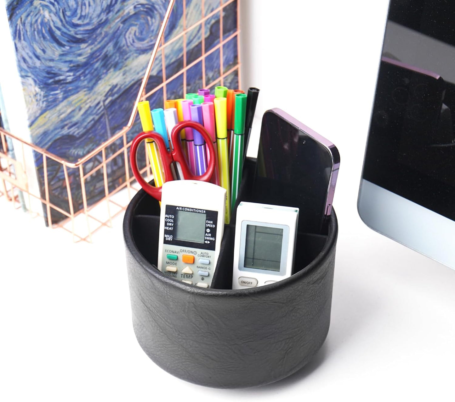 Hennaja Round Leather Art Supply Organizer,Remote Control Holder,360 Degree Rotating,Multi-Functional Pencil Holder,4 Compartments Desktop Stationary Organizer(1-Blue Bird) - Colors A
