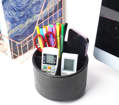 Hennaja Round Leather Art Supply Organizer,Remote Control Holder,360 Degree Rotating,Multi-Functional Pencil Holder,4 Compartments Desktop Stationary Organizer(1-Blue Bird) - Colors A