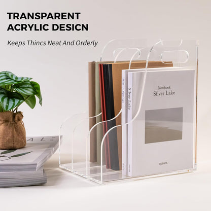 Acrylic Magazine File Holder, 4 Vertical Compartments Desk Document Sorter Organizer, Clear Folder Rack Binder for Office/Home/Classroom, for Documents, Tablet, Magazines, Books & Accessories