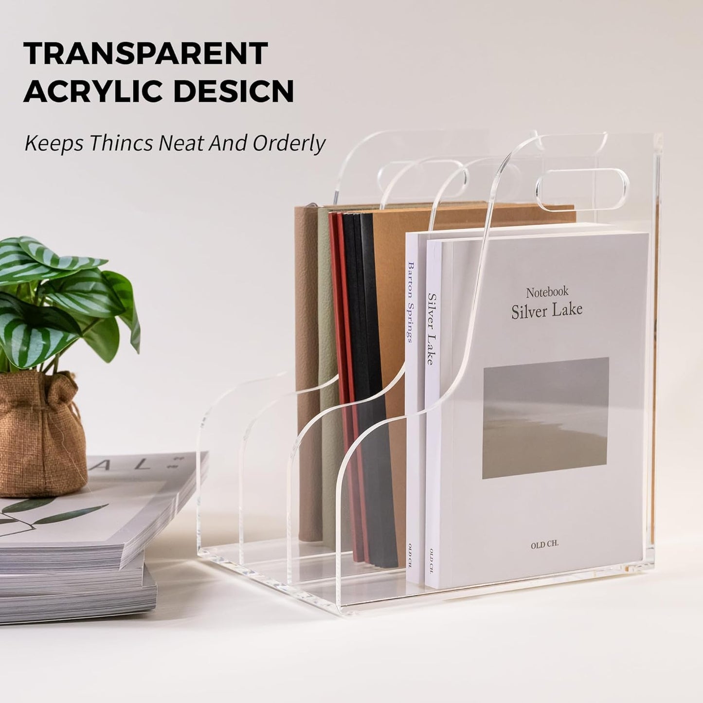 Clear Acrylic Organizers - 5 Vertical Compartments Acrylic Folder Organizer & File Organizer, Desk Document Storage Bins for Magazines, Binders - Multipurpose Home Office Desk Organizer