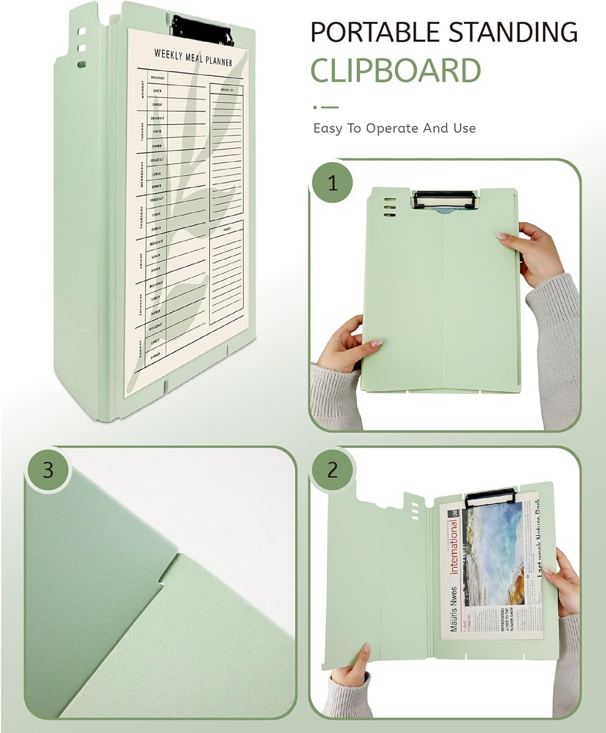 Free Standing Clipboard and Desktop Stand with Adjustable Buckles Easel Back - Foldable Stand and Document Holder for School, Office and Business Use (9.37 x 12.6 inches) (Light Green)