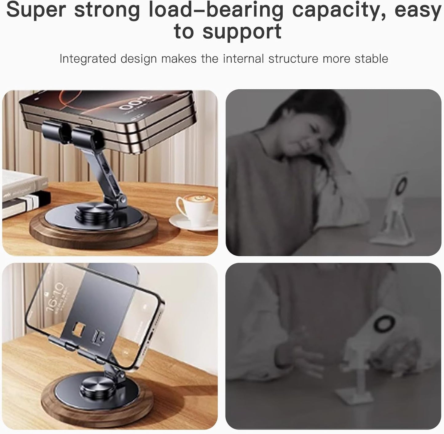 Adjustable Cell Phone Stand,360 Rotating Foldable Desktop Cellphone Stand with Anti-Slip Base Portable Phone Holder for iPhone 16 15 14 13 Pro Max, All Smart Phones, iPad (Wood)
