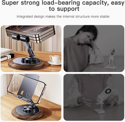 Adjustable Cell Phone Stand,360 Rotating Foldable Desktop Cellphone Stand with Anti-Slip Base Portable Phone Holder for iPhone 16 15 14 13 Pro Max, All Smart Phones, iPad (Wood)