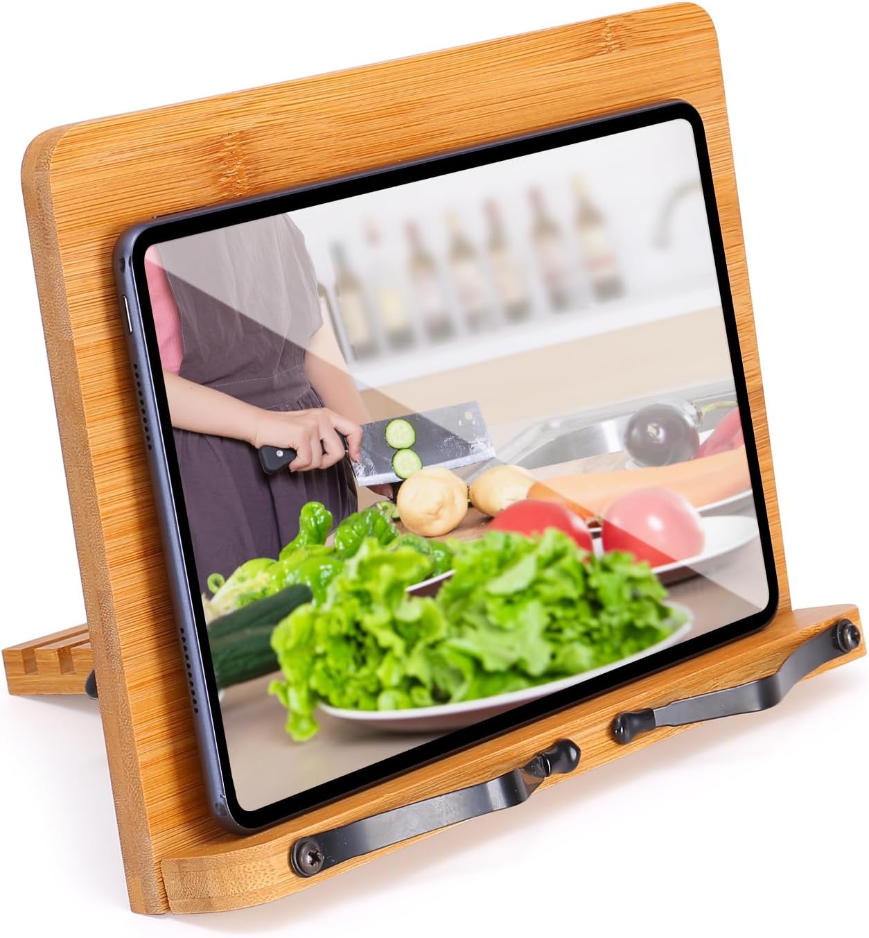 MEGREZ Bamboo Foldable Book Stand (13.2 x 9.4 inch) Reading Frame Rest Holder Cookbook Stand/Tablet PC Textbook/Music Document Stand/Desk Bookrest with Retro Hollow, Positive & Work Hard