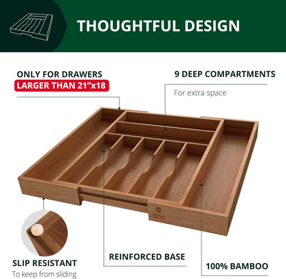 ROYAL CRAFT WOOD Luxury Bamboo Kitchen Drawer Organizer - Silverware Organizer, Utensil Holder & Cutlery Tray Drawer Dividers for Flatware (9 Slot, Natural)