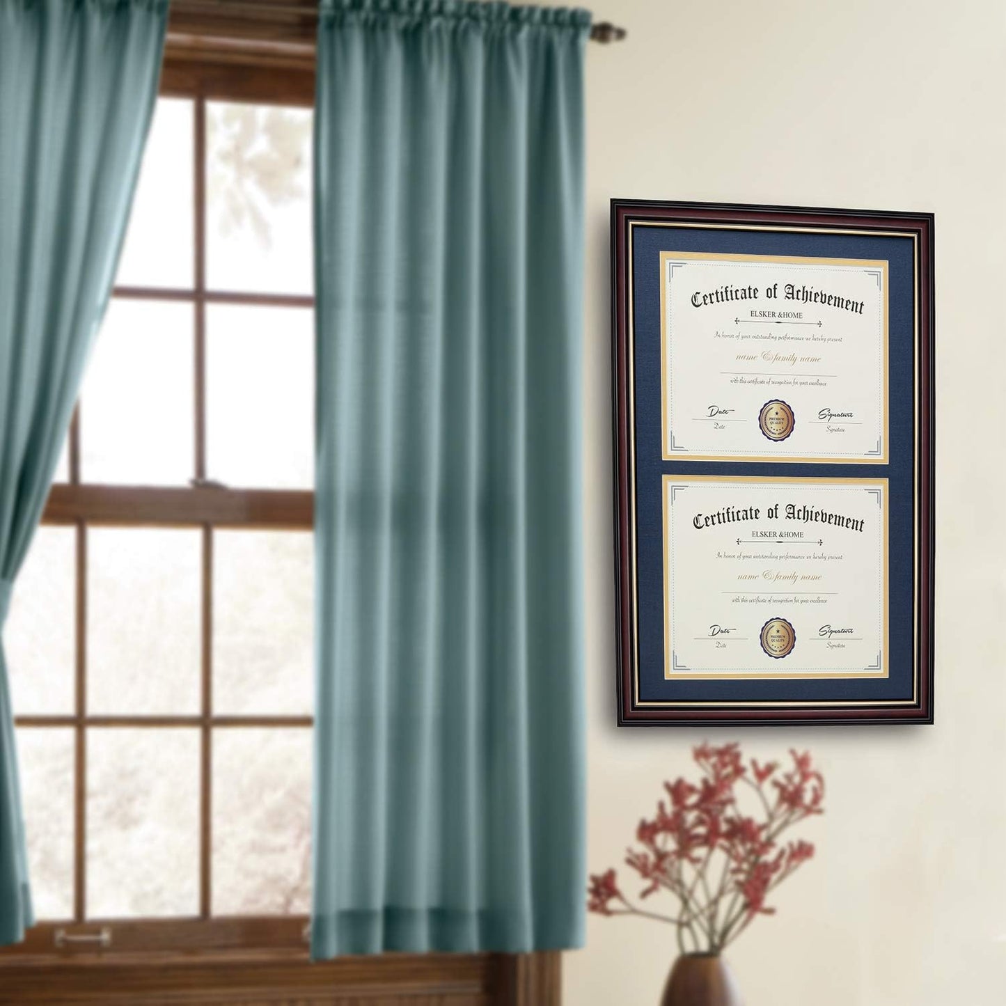 ELSKER&HOME Diploma Frame - Wide Solid Wood Frame - Black Velvet Golden Rim Mat - Semi-Tempered Glass - Includes Hanging Hardware and Desktop Easel(ONLY Display 11×14 Document/Certificate)