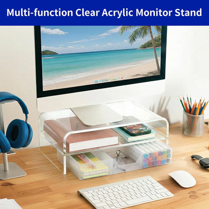 OPNICE Desk Organizer and Accessories, 2-Tier Computer Monitor Stand Riser with Drawer and 2 Pen Holders, Laptop Stand, Office Desk Accessories for Office Supplies, Black