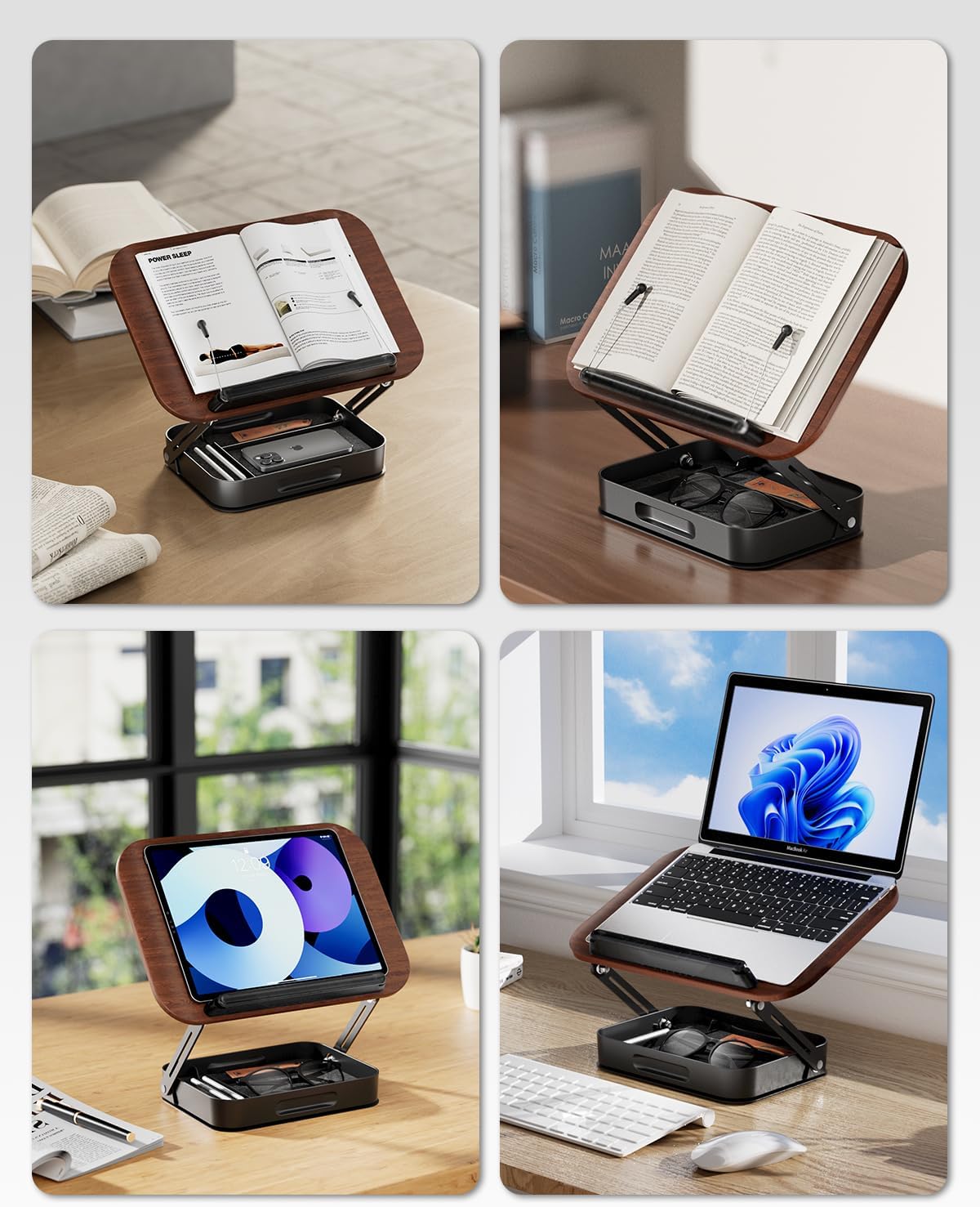 Adjustable Book Stand with Storage Drawer, 360° Rotating Book Holder, Height & Angle Adjustable, Extra-Wide Page Clips for Thick Books, Wood & Aluminum Book Stand for Desk, Study, Kitchen