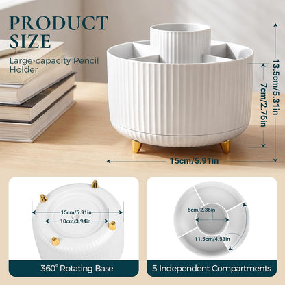 KONVINIT Pencil Pen Holder for Desk, 5 Slots 360 - Degree Rotating Desktop Organizer, Cute Desk Organizers and Accessories for School, Home, Office and Art Supply, Beige