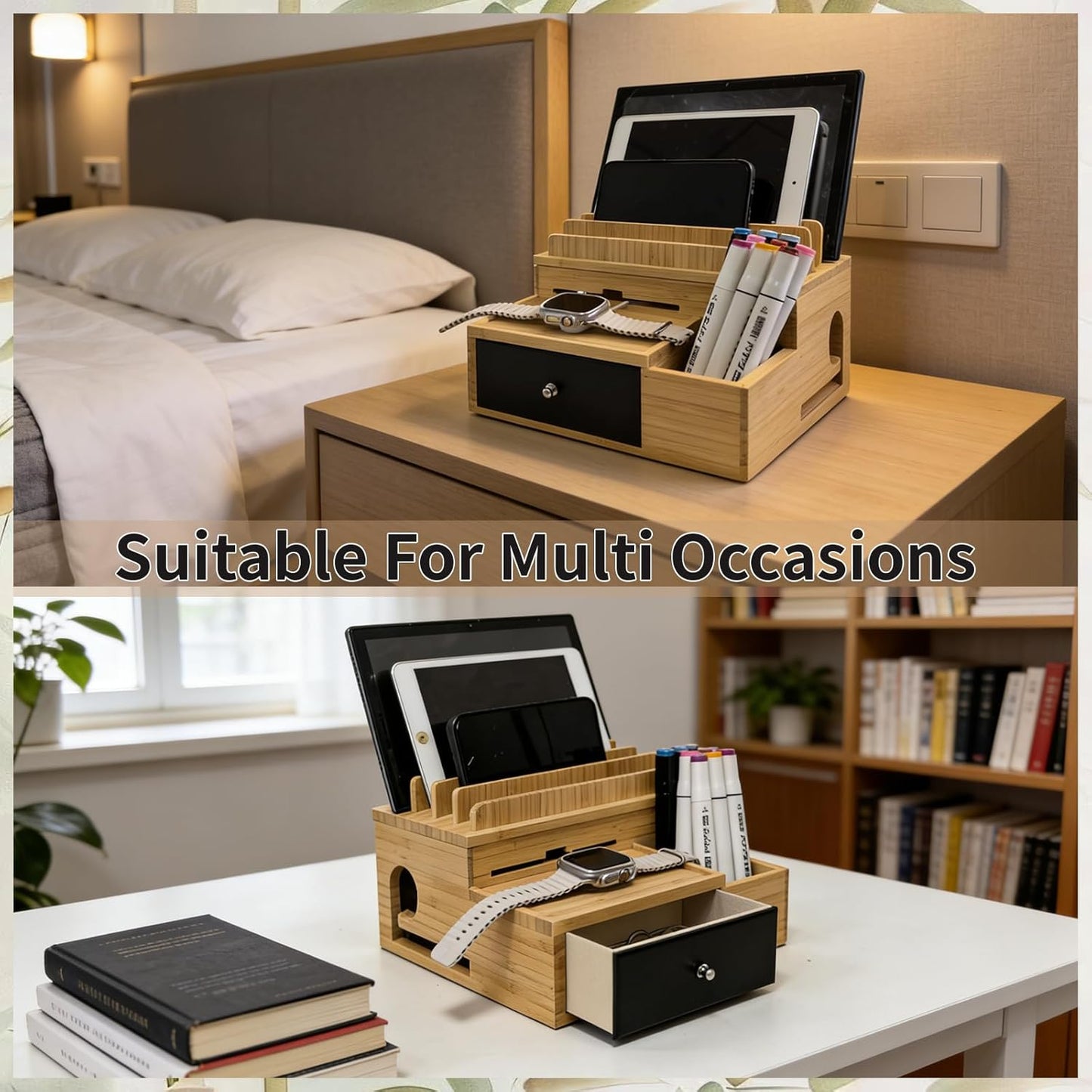 Bamboo Charging Organizer for Multi-Devices, with Drawer and Pen Holder, Nightstand Desk Charging Stations Electronic Organizer for Cell Phone, Tablet, Etc (with 5-Cable, No USB Charger)