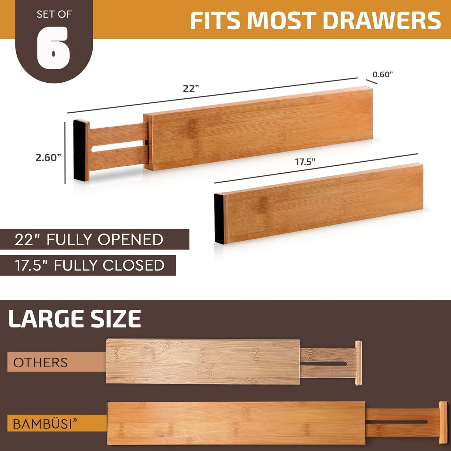 6-Pack Drawer Dividers - 2.6 Inches High, Adjustable 16 to 22 Inches Bamboo Drawer Organizer, Large Expandable Separator for Clothes, Dresser, Bedroom, Bathroom, Baby, Office, Kitchen Utensils, Black