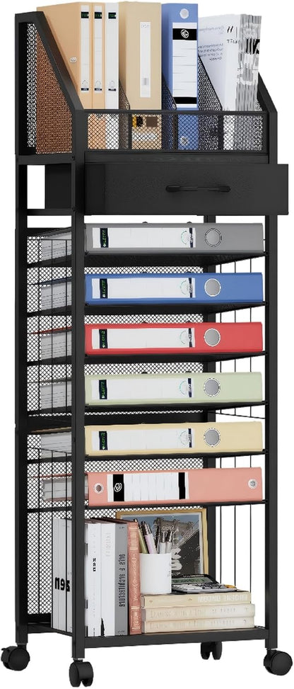 SWTYMIKI Desk Organizer with Drawers - Mesh and Wood Desk File Organizer with Pen Holders, 4-Tier Paper Organizer for Office Organizer and Accessorie, School and Home Storage, Black