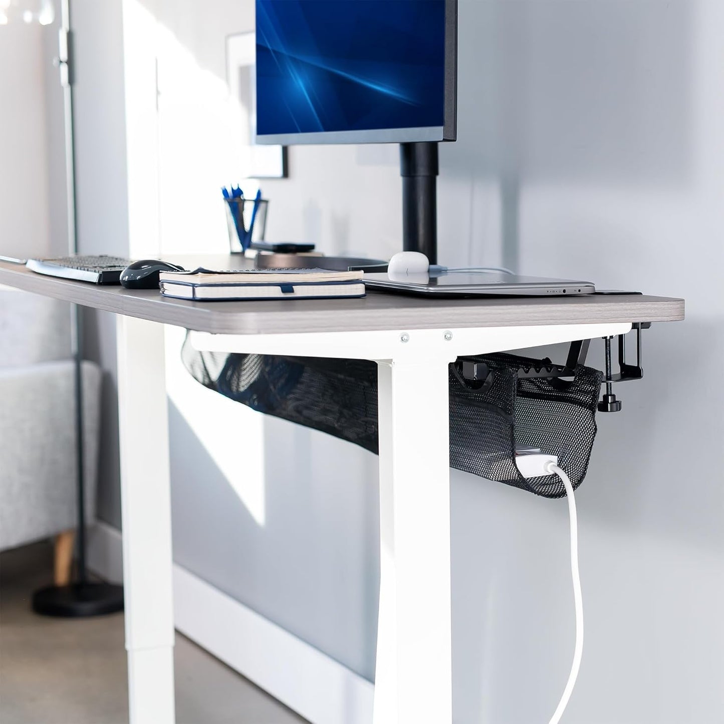 VIVO No Drill Clamp-on 36 inch Mesh Net Under Desk Cable Management Wire Organizer, Adjustable Home Office Standing Desk Cord Storage Sleeve, Black, DESK-AC36MH