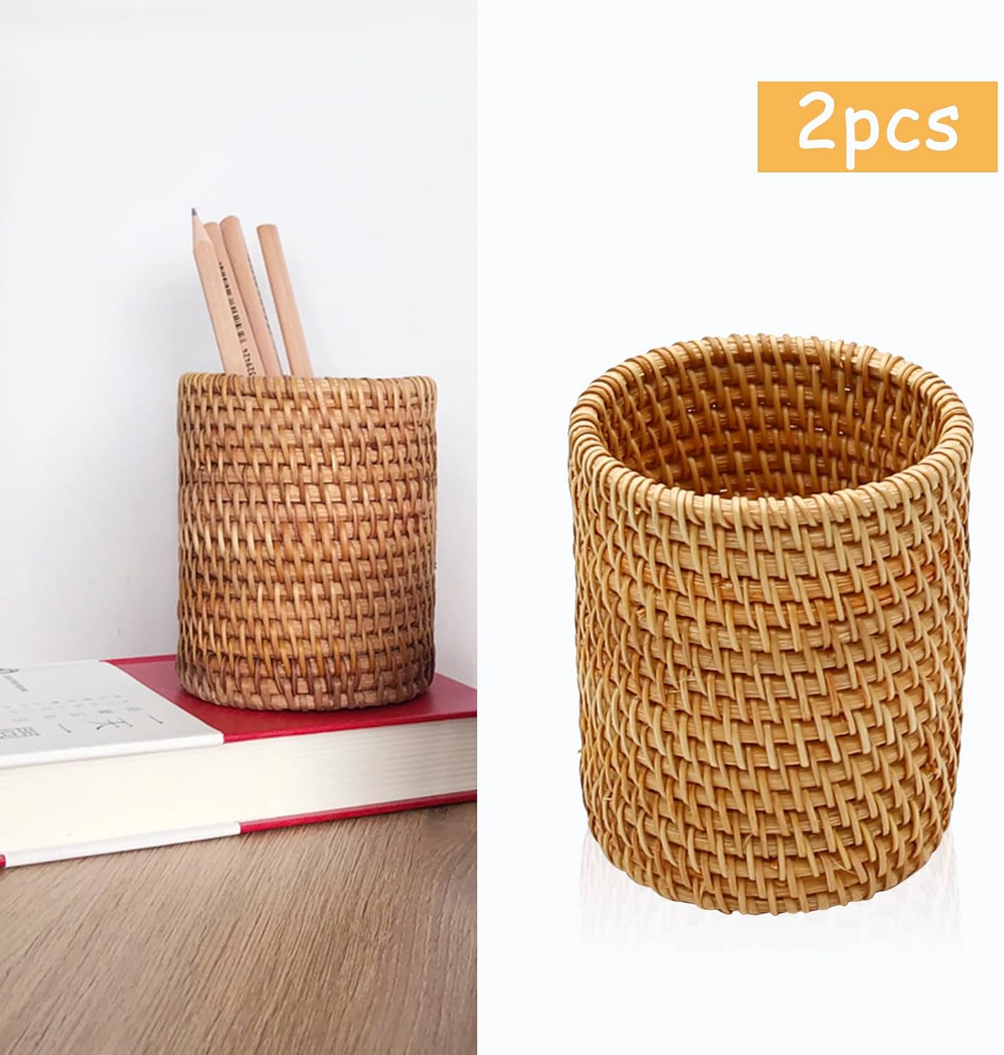 2 Pack Rattan Pencil Holder for Desk Handmade Pen Organizer Bucket Boho Desk Accessories Pen Cup Holder Aesthetic Holder for Desk Cute