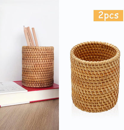 2 Pack Rattan Pencil Holder for Desk Handmade Pen Organizer Bucket Boho Desk Accessories Pen Cup Holder Aesthetic Holder for Desk Cute