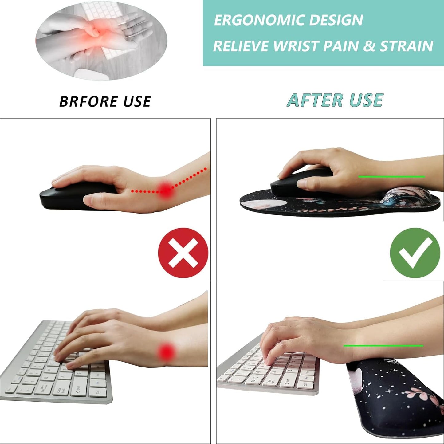 Keyboard Wrist Rest Pad Mouse Pad with Wrist Support Set of 3, Mousepad with Non-Slip Rubber Base, Ergonomic Memory Foam Mouse Wrist Cushion Support for Home Office Laptop Computer, Flower Black